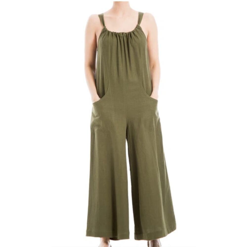 MAX STUDIO Linen Blend Wide Leg Jumpsuit In Olive green XL